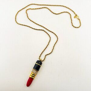 Vintage Kenneth Jay Lane KJL Necklace Lipstick Red Black Rhinestones Makeup